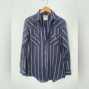 Ely Cattleman Mens Blue Striped Long Sleeve Pearl Snap Western Shirt Size Medium